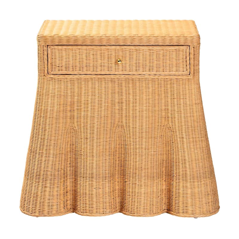 Chica Scalloped Natural Rattan Console Table with Drawer - Handwoven Wicker Accent Table with Flared Skirt, Coastal Boho Style