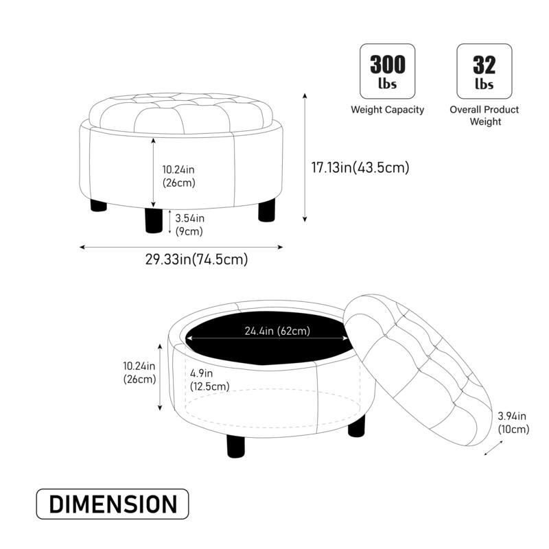 29.33''W Modern Round Ottoman with Storage Space,Reversible Top With Tray
