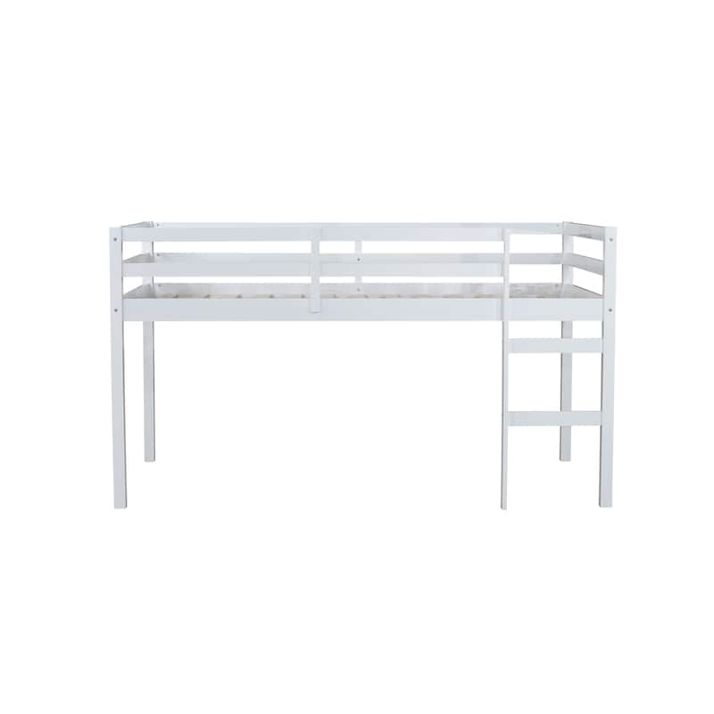 White Twin Loft Bed with Ladder and Strengthened Slats, Rubber Wood and Plywood, Low Height Design, Ample Storage Space