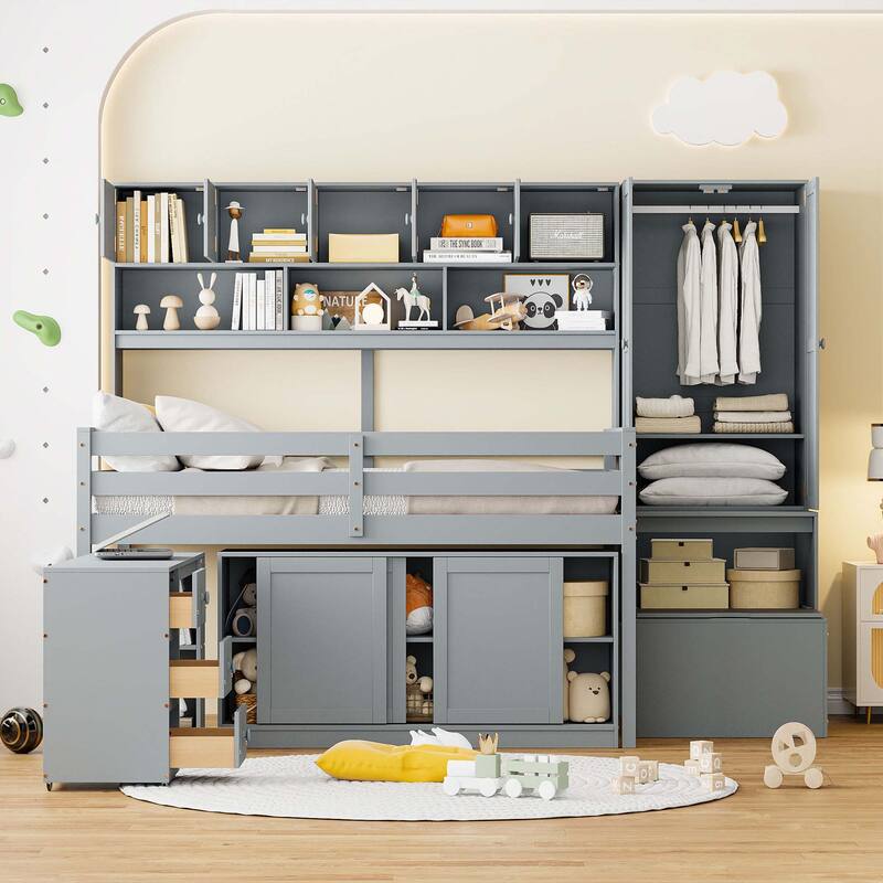 Full Size Wooden Loft Bed Big Storage with Under bed Desk - Gray