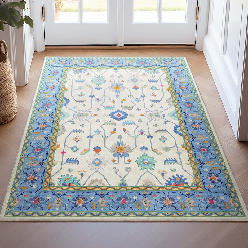 Well Woven Ushak Antalya Floral Modern Vibrant Flat-Weave Area Rug - 3'11" x 5'3" - Ivory Blue Multi