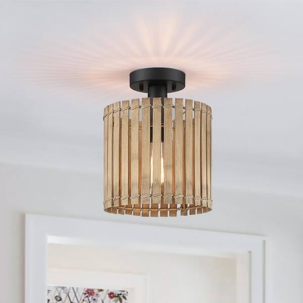 slide 2 of 9, 1-Light Bamboo Semi-Flush Mount Ceiling Light - D9.1"x H10.8" - 9.1 in. W 9.1 in. W
