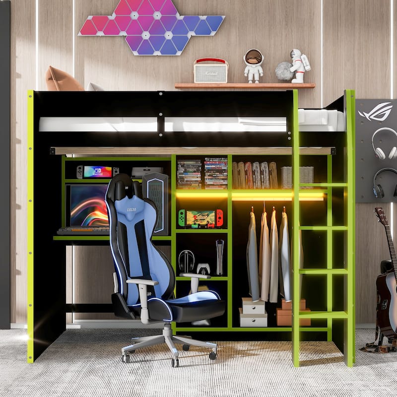 Full-Size Modern Gaming Wooden Loft Bed with RGB Lighting, Desk & Open Storage by Harper&Bright Designs