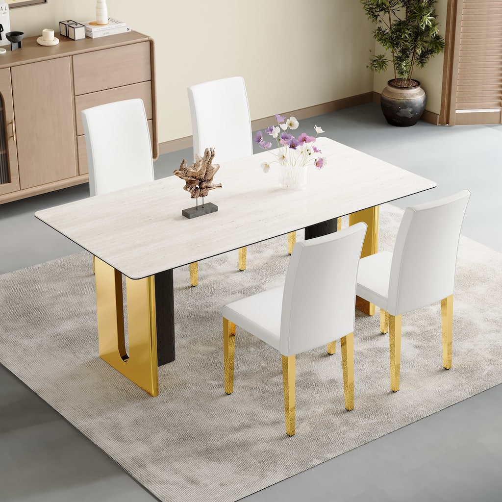 Set of 4 white PU leather backrest chairs with gold metal legs -A perfect match, suitable for minimalist and contemporar