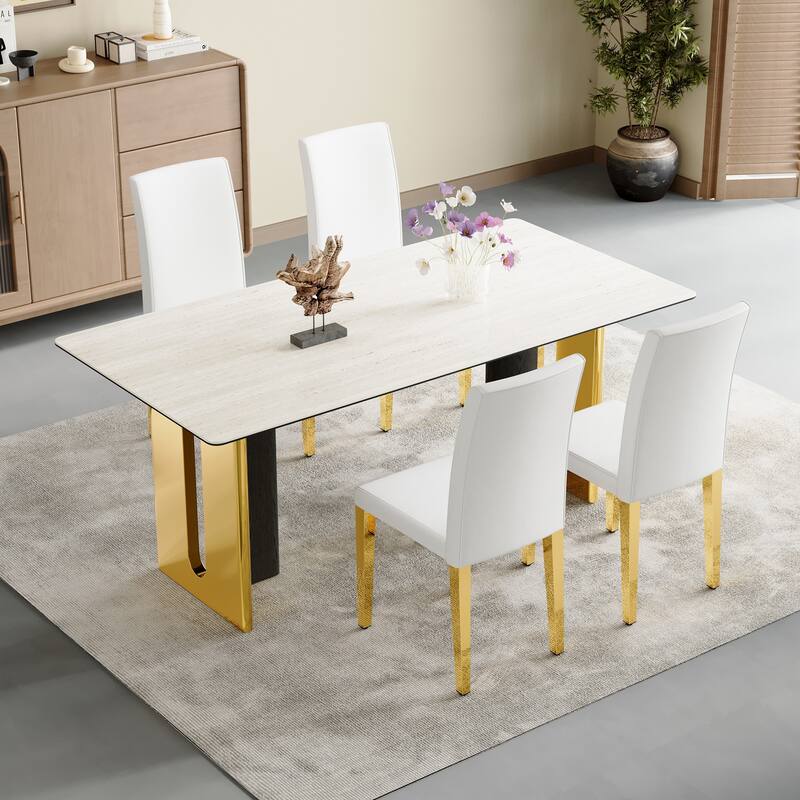 Set of 4 white PU leather backrest chairs with gold metal legs -A perfect match, suitable for minimalist
