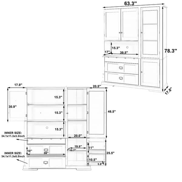 Traditional 63" Buffet Hutch Kitchen Pantry Cabinet with Drawers, Doors, and Adjustable Shelves for Dining Room or Storage