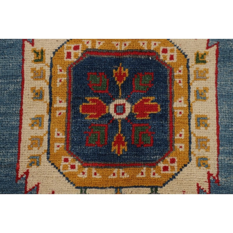 Blue Geometric Kazak Oriental Area Rug Handmade Wool Carpet - 6'8" x 9'7"