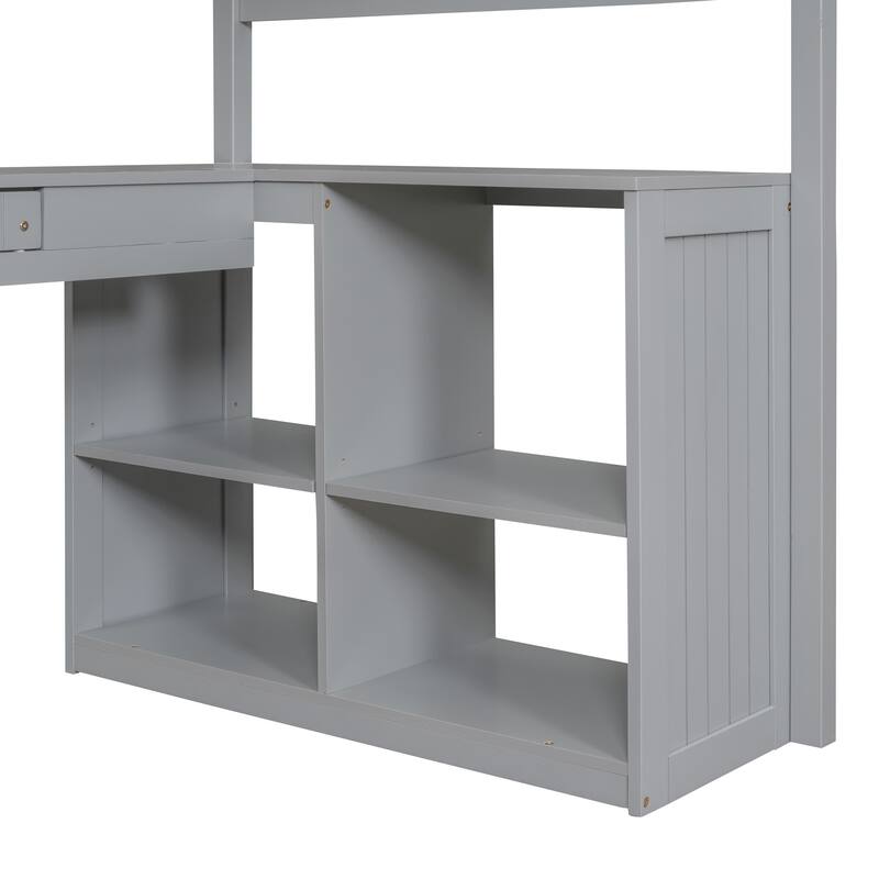 Twin Size Loft Bed with Desk, Storage Drawers, and Shelves, Solid Pine Wood Frame