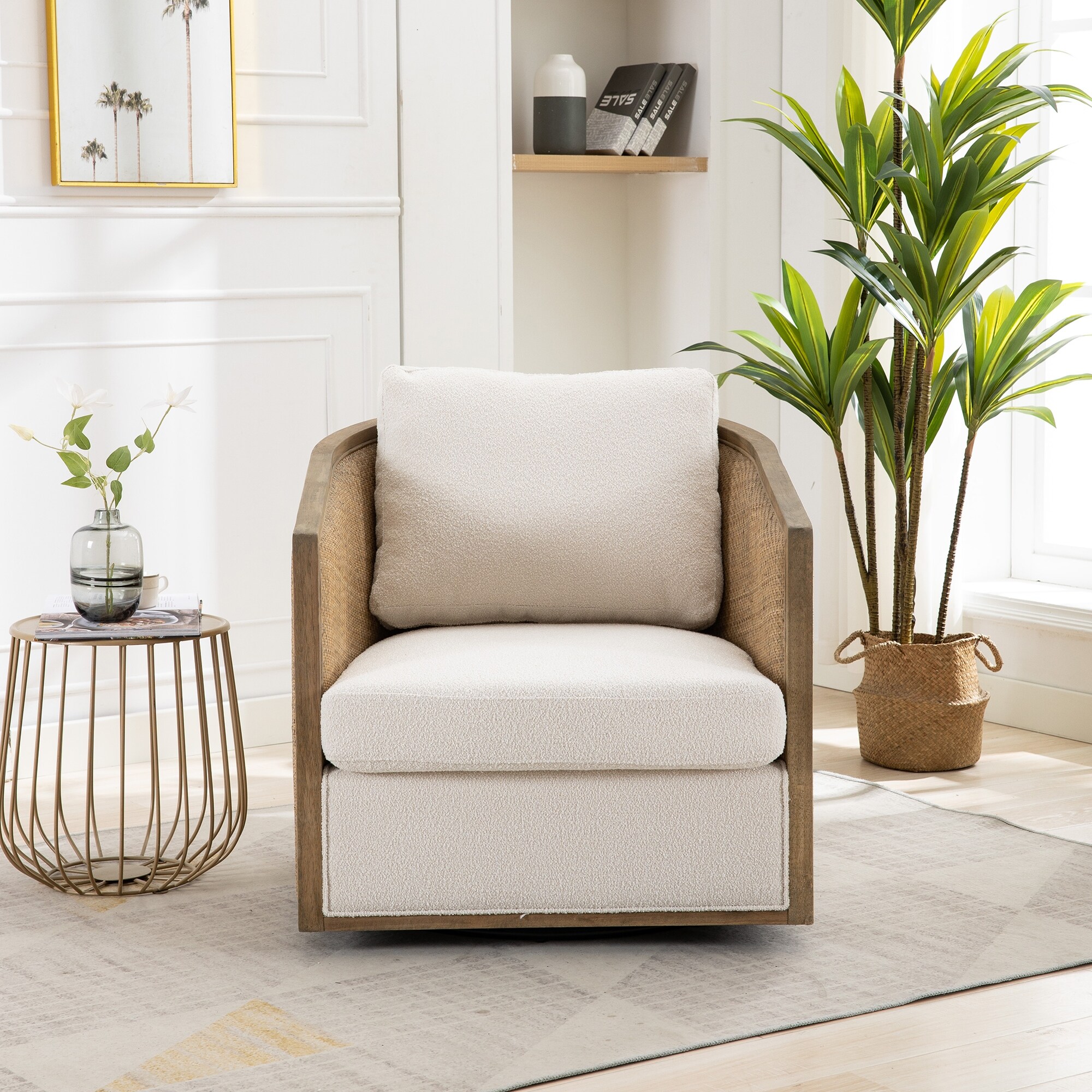 Beige Modern 30.12" Upholstered 360° Swivel Barrel Chair with Sturdy Hardwood Frame