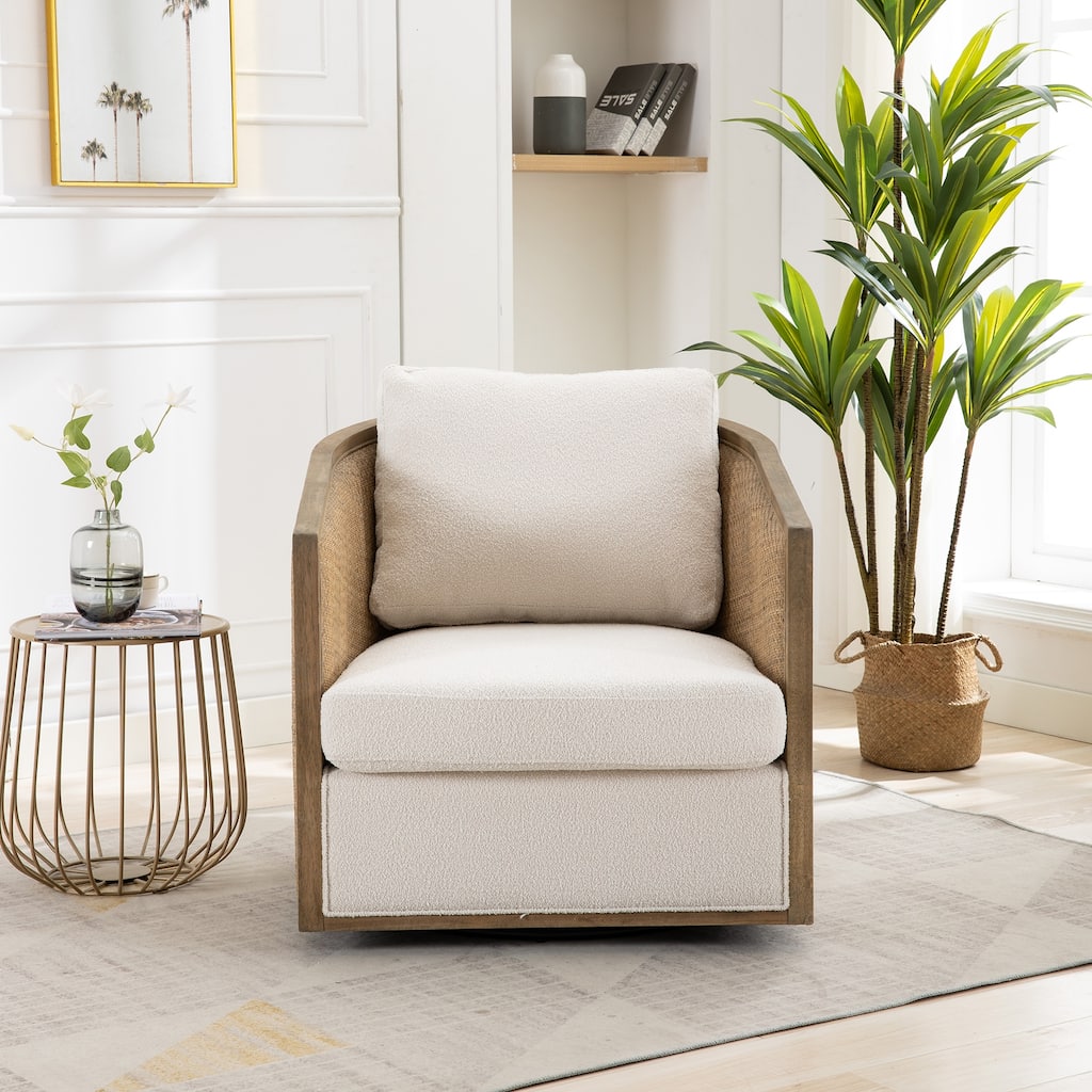 Boucle Upholstered Swivel Barrel Chair, Comfy Round Accent Sofa Chair, High Back Club Chair with Rattan Armrests