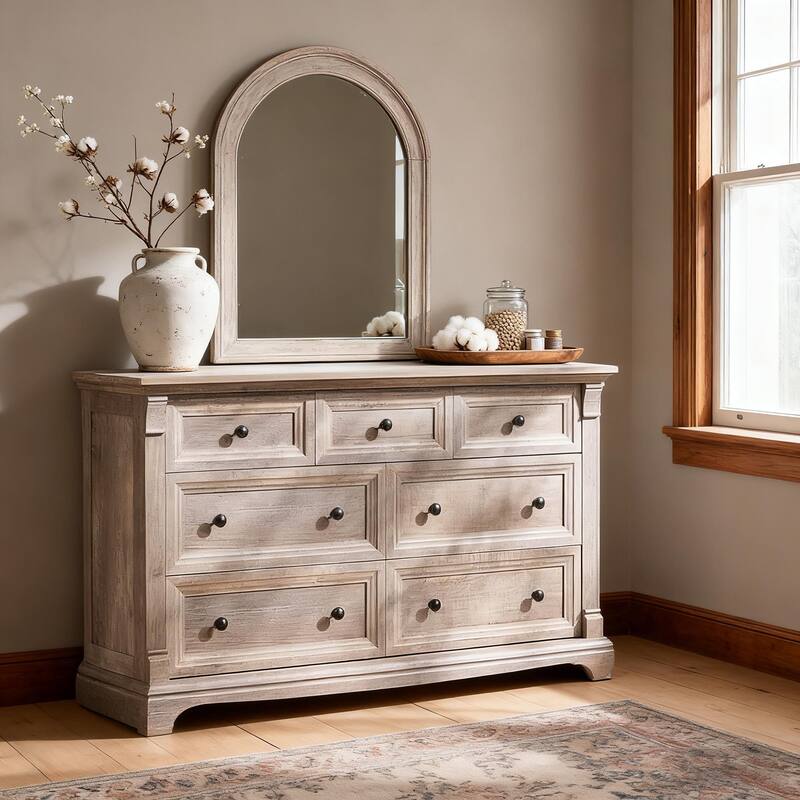 Farmhouse 7-Drawer Dresser for Bedroom, Wood Rustic Chest of Drawers - Grey