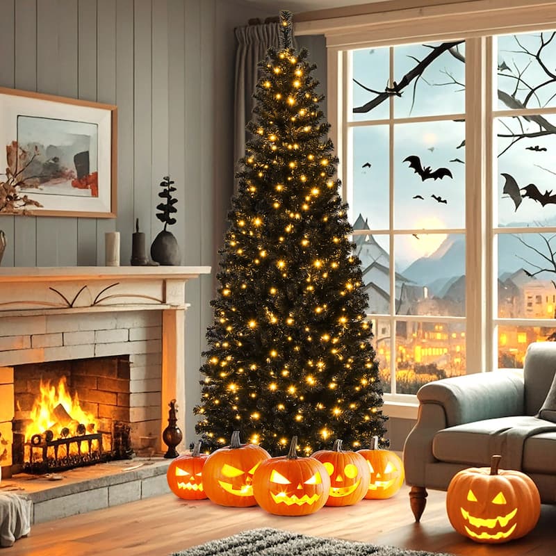Gymax 6/7 FT Pre-lit Black Christmas Tree Artificial PVC Slim Pencil - See details