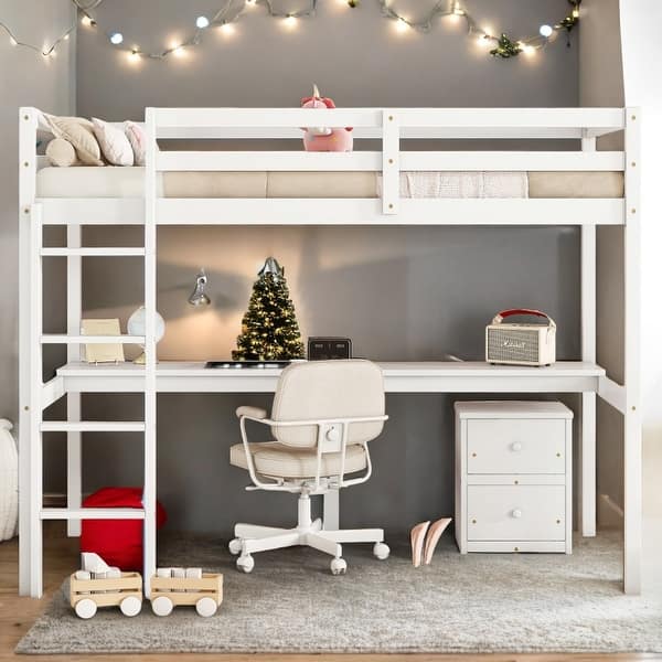 slide 2 of 40, Twin Loft Wood Bed.Under-bed Built-in Desk and Storage Cabinet,Classic Wooden Bed Down Table White