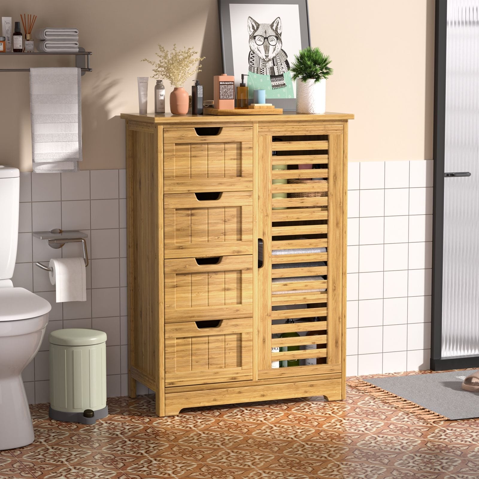 VEIKOUS Freestanding Floor Bathroom Storage Cabinet Bamboo Cabinet with Removable Shelves 32.5" H x 23.7" W x 11.9" D