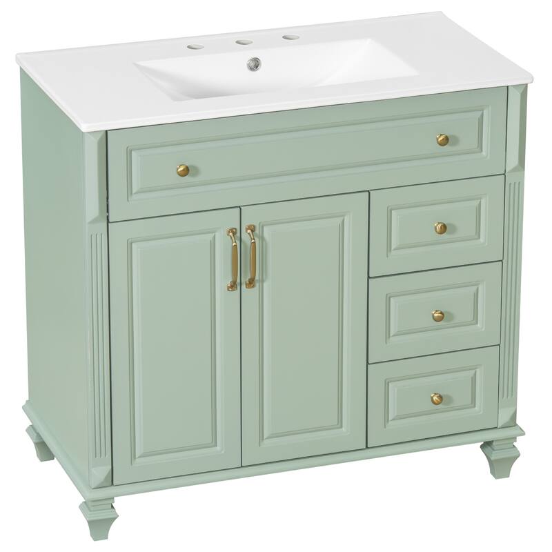 36" Bathroom Vanity with Sink - Solid Wood Cabinet with Flip Drawer, 3 Drawers & 2 Doors, Gold Handles, Modern Vanity