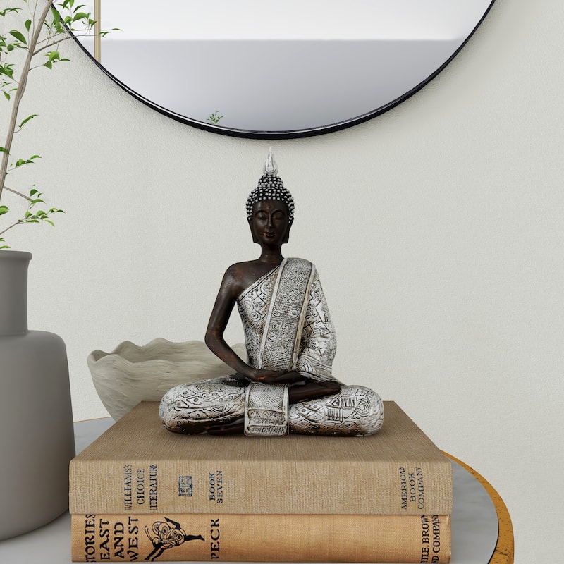 Silver Polystone Meditating Buddha Decorative Sculpture with Engraved Carvings and Relief Detailing