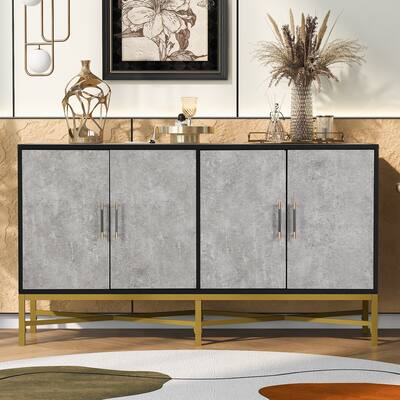 Antique Gray Buffet Cabinet 4 Door Modern Storage Cabinet with Cross-Leg Design, Accent Cabinet Sideboard, Metal Frame