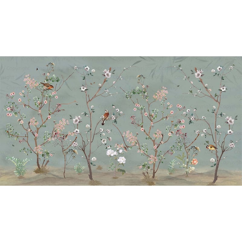 Hand-Painted Serene Floral Symphony Wallpaper Mural - Green - W:204" x H:110"