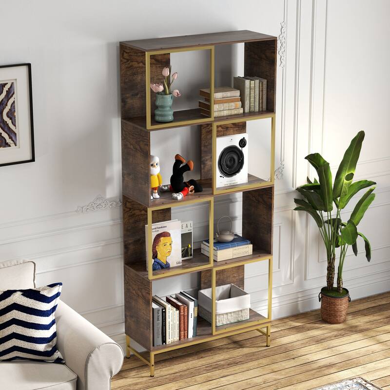 4-Tier Industrial Bookcase, Rustic Wood and Metal Frame, Asymmetrical Shelf Design, Display Storage Shelf