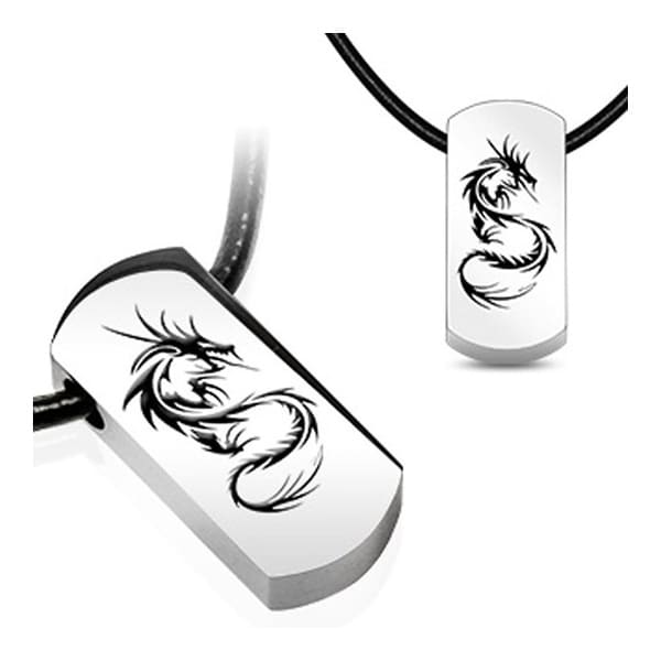 Stainless Steel Tag Pendant with Beveled Black Plated Tribal Dragon (15 mm Width)