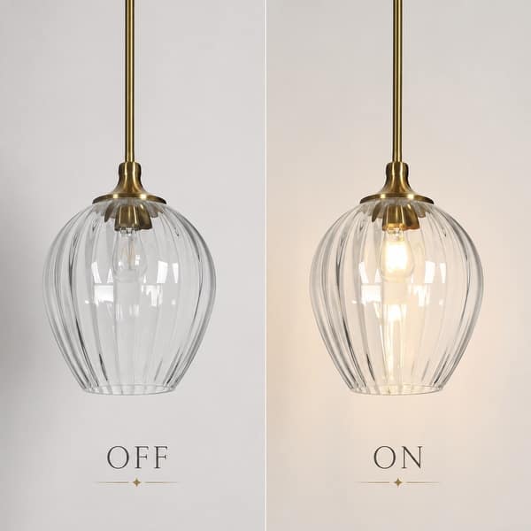 dimension image slide 0 of 2, Modern Glam 1-Light Brass Clear Ribbed Glass Pendant Light for Kitchen Island - 9"