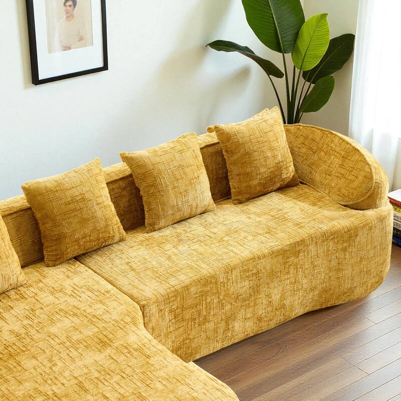 Chenille L-Shaped Compressed Sofa, 4-Seat Sectional Couch with Curved Armrests, High-Elastic Sponge & 4 Throw Pillows