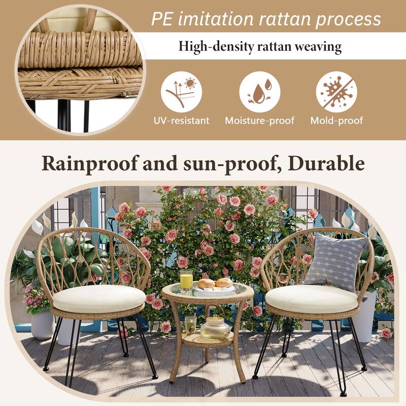 Outdoor Rattan Chairs with Glass Round Table for Patios (Set of 3)