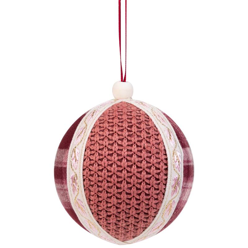 Plaid and Knitted Christmas Ball Ornaments - 3.5" - Maroon and Ivory - Set of 4