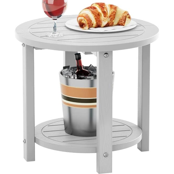 WINSOON Outdoor Side Table for Patio 16in HIPS Small Round Outdoor End Table - 2-Tier
