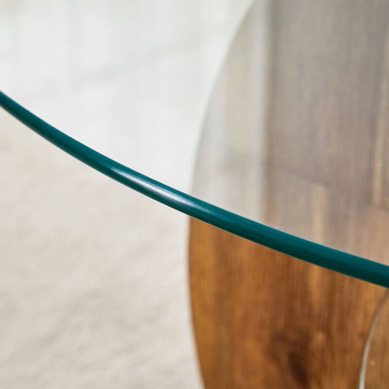 Modern Round Glass Coffee Table w/ Wood Base, 3 Tier Round Coffee Table, Clear Cocktail Table w/ Storage for Home Office