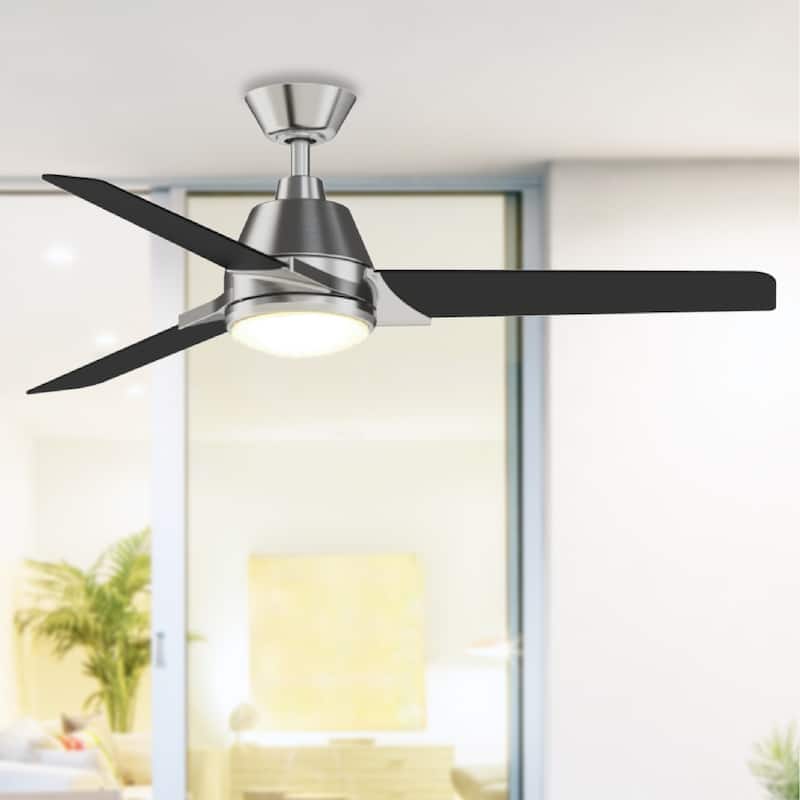 Fanimation Studio Collection Pyramid 52 inch Brushed Nickel with Black Blades Ceiling Fan with LED Light and Remote