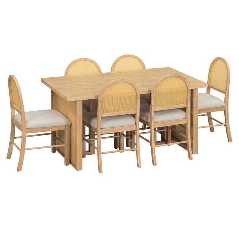 7-Piece Farmhouse Dining Table Set with Distressed Oak Veneer and Upholstered Rattan Chairs for Gatherings