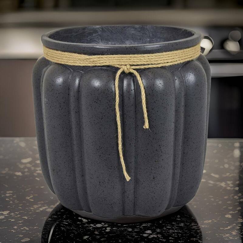 Rave 17 Inch Planter Pumpkin Like Shape and Rope Details, Black Resin
