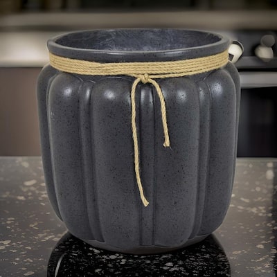 Rave 17 Inch Planter Pumpkin Like Shape and Rope Details, Black Resin