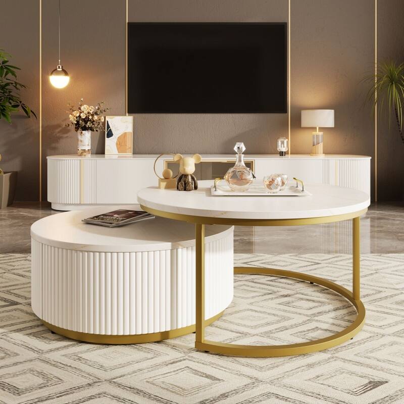 31.5" Round Nesting Coffee Table Fluted with Drawer - Gold/White