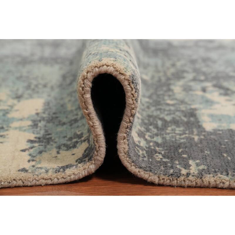 Hand Knotted Oriental Viscose Silk Carpet Modern Abstract Navy Blue & Blues Abstract Area Rug - 8' 1'' X 5' 1''