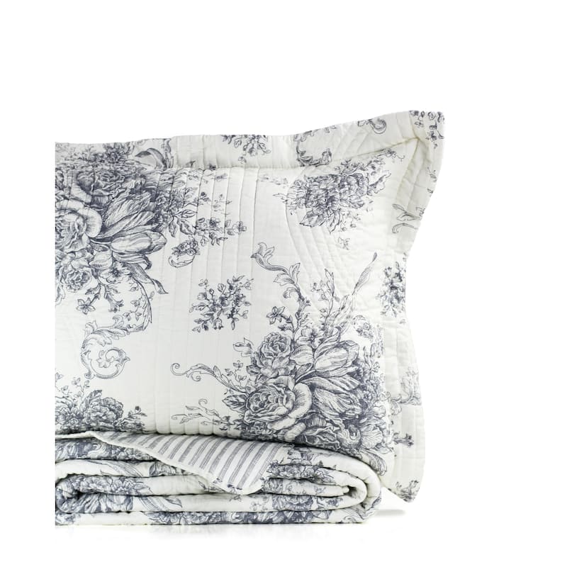 Toile and Bamboo Stripes Reversible Cotton Quilt Set - Grey - Full - Queen