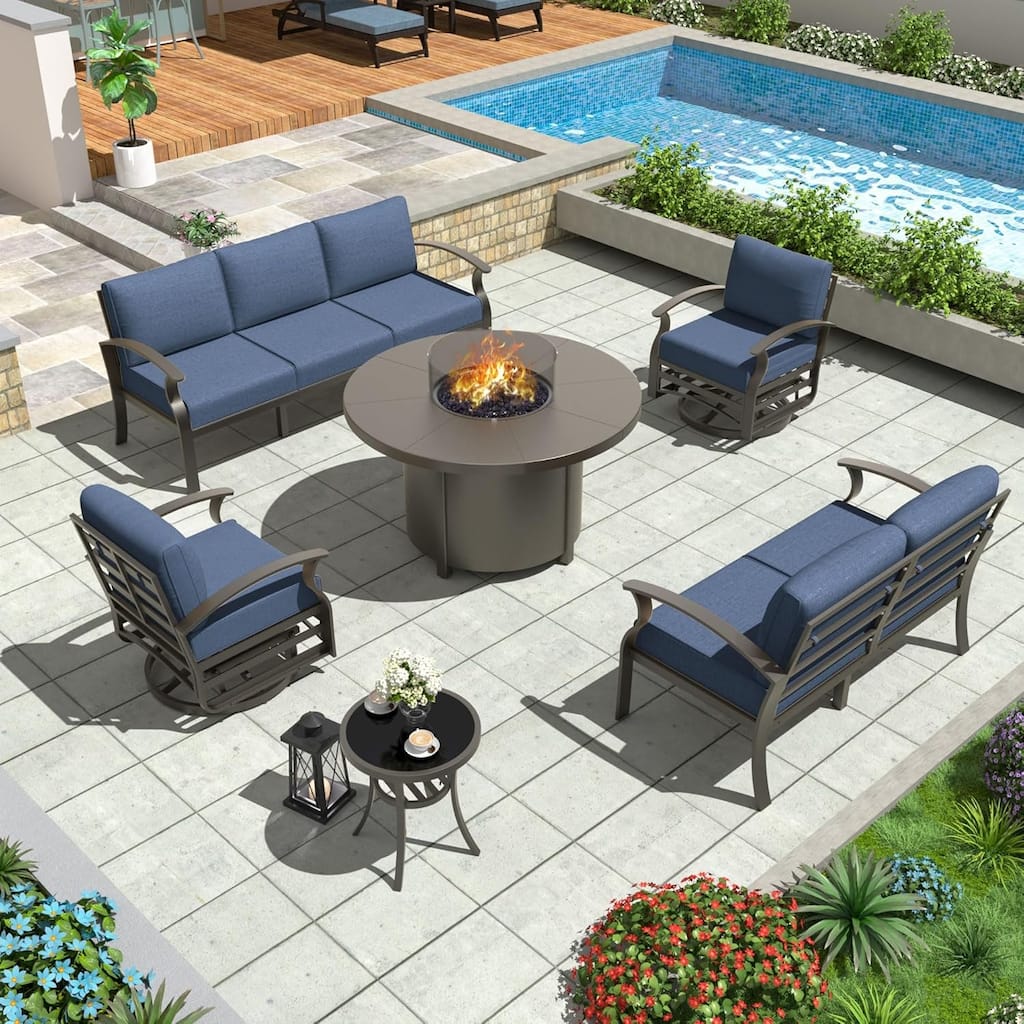 Patio Aluminum Sofa with Armrests, Outdoor Conversation Set with Round Fire Pit Table 5inch Thick Seat Cushions