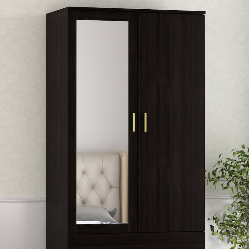 31.5"W x 72"H Two Door Wardrobe With Mirror White/Dark Brown Armoires - 31.5"W x 72"H