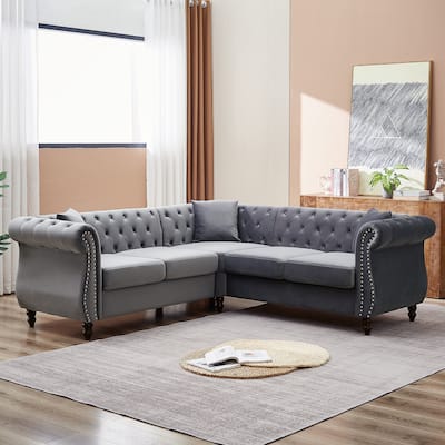 83.5" Mid Century Modern Tufted Velvet Symmetrical Corner Sectional Sofa for Living Room,Sofa-Deep Seating,Nailheads Desige