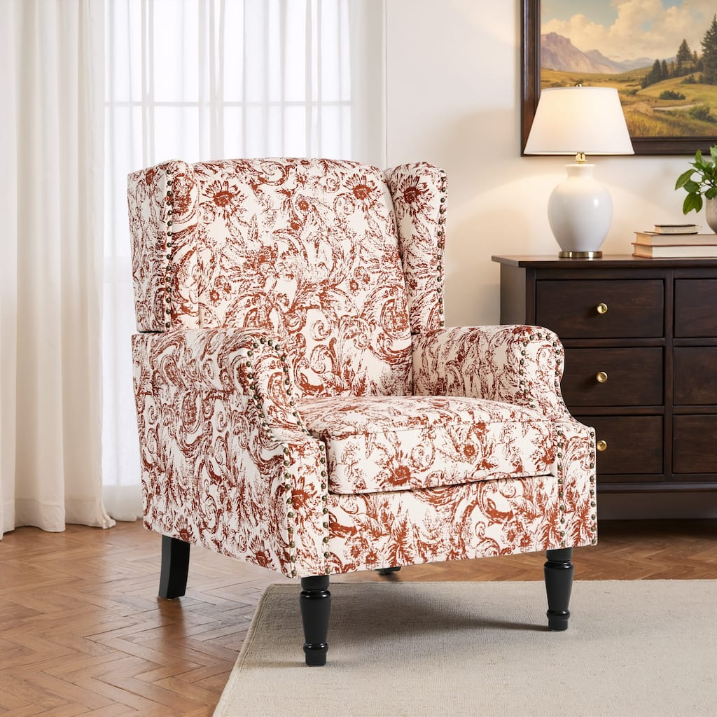 Traditional Floral Patterned Wingback Armchair with Nailhead Trim