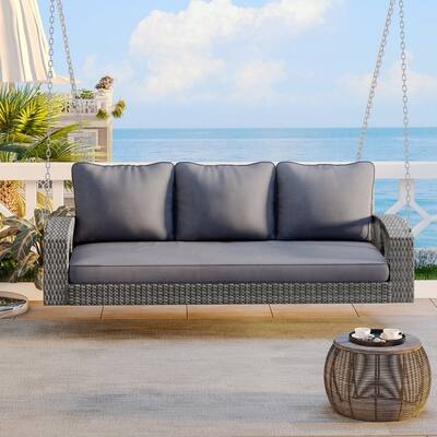 PE Wicker 3-Person Porch Swing with Chains, Swing Bench with Cushions
