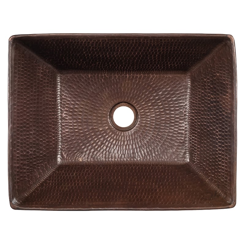 17" Rectangle Wired Rim Vessel Hammered Copper Sink, Matching Drain and Accessories