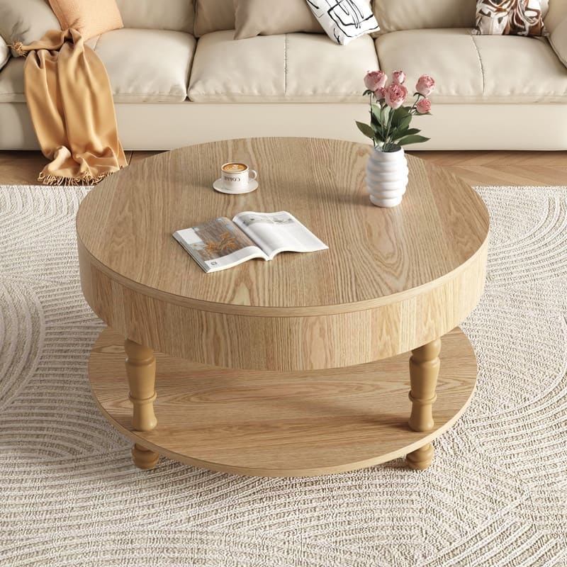 Modern Round Coffee Table with Dual Storage and Flip-Top Design for Living Room Organization