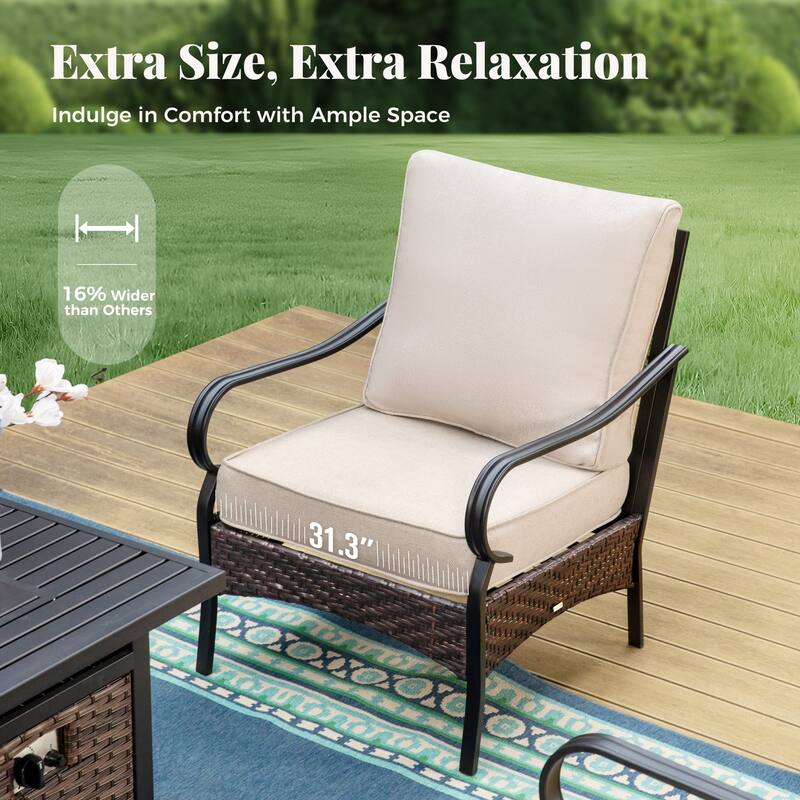 MAISON ARTS Patio Furniture Set with 56" Fire Pit Table, Deep Seating Sofa & Swivel, Rocking, and Fixed Chairs (5 Seats, Beige)