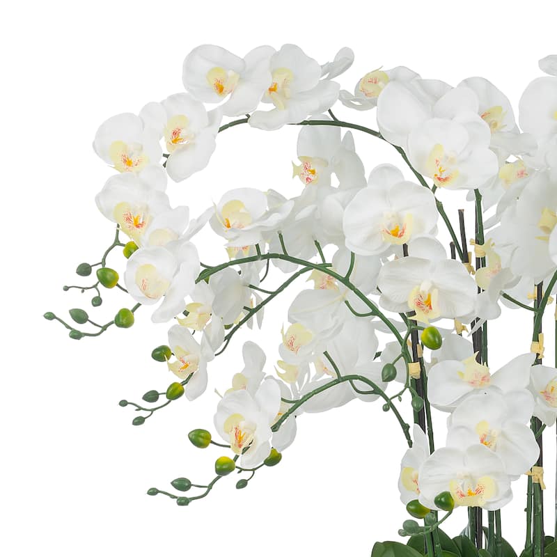14 Stems Real Touch White Phalaenopsis Orchids with Green Leaf in Silver Ceramic Pot - 30.71" H x 33.46" W x 29.13" D