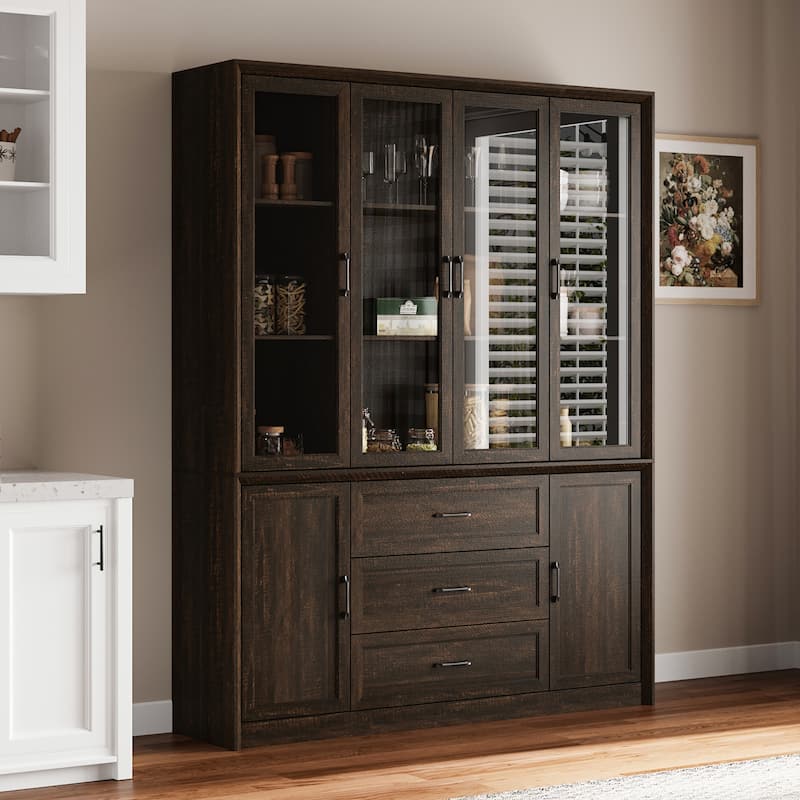 61.8" W Kitchen Pantry Cabinet, Freestanding Cupboard with Glass Doors