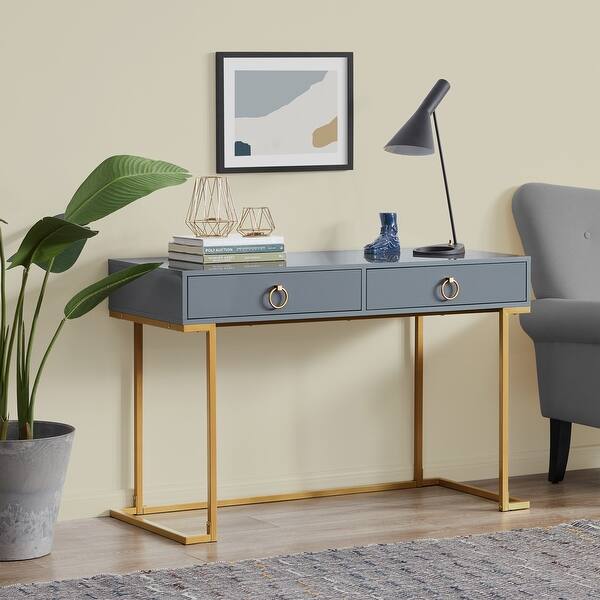 Shop Belleze 2 Drawer Computer Desk Vanity Table Wood Metal Gray Gold Standard Overstock 30638209