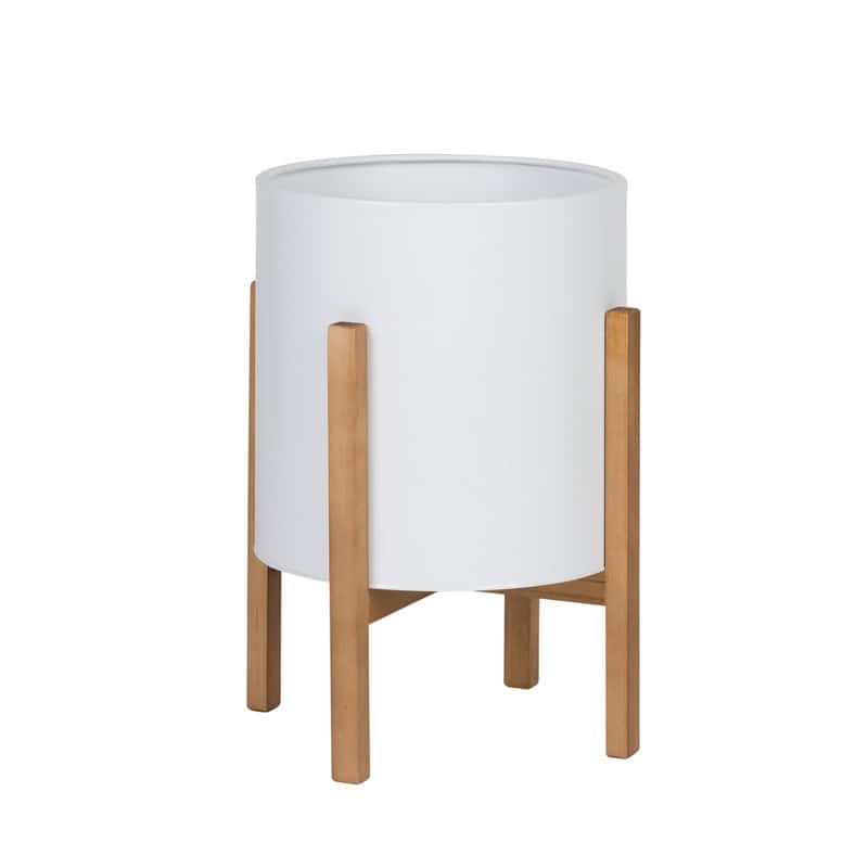 Raya White Mid-Century Modern Planter with 4-Leg Wood Base