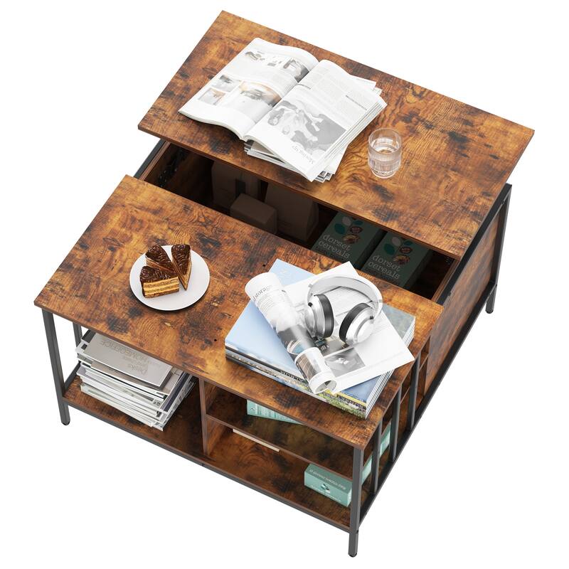 Rustic Lift-Top Coffee Table‌ – 31.5" Adjustable Height With Hidden Storage & 3 Shelves, 110Lb Capacity, Easy-Clean Surface .